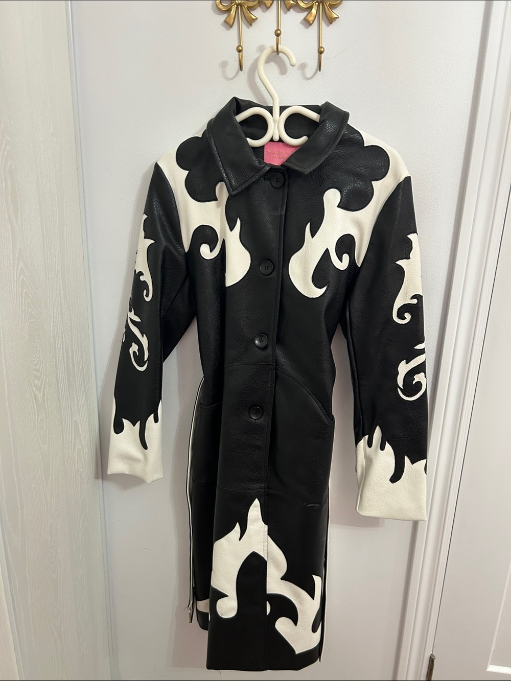 Black & White Graphic Leather Coat - Women Leather Jacket
